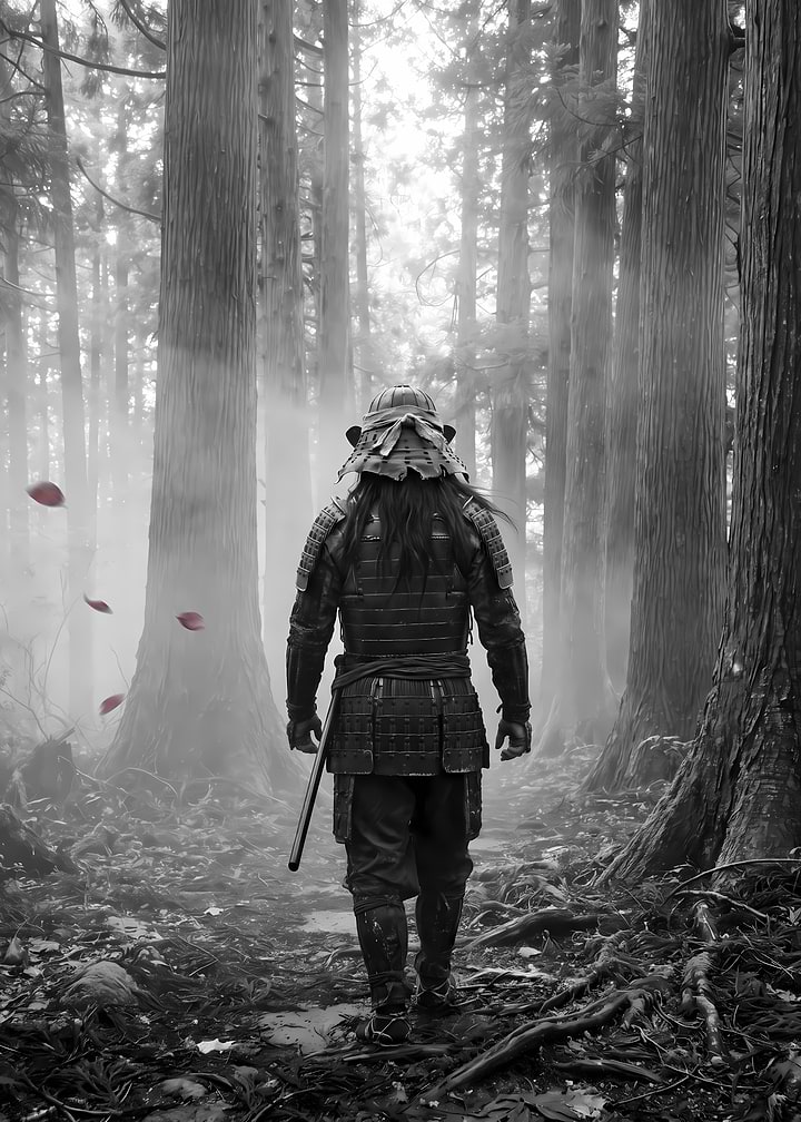 Samurai Walking Through Misty Forest