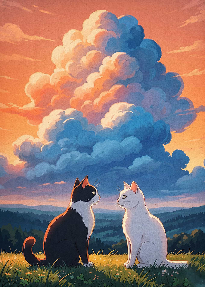 Cats Meadow Sunset Anime Art Poster