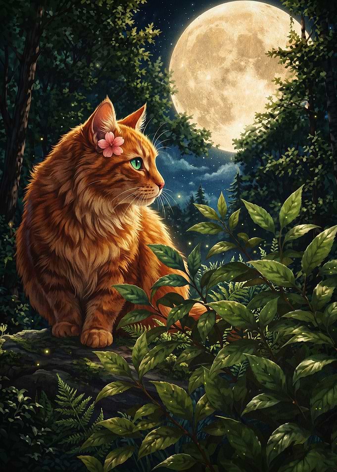 Orange Cat Moon Night Fantasy Art
