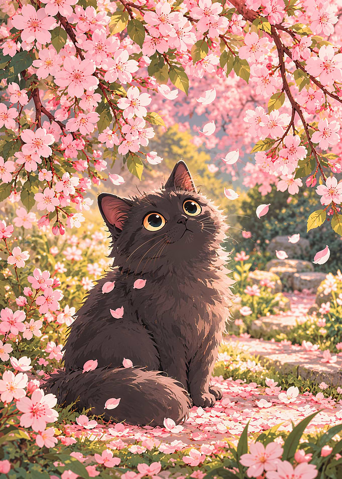 Fluffy Black Cat Under Cherry Blossoms