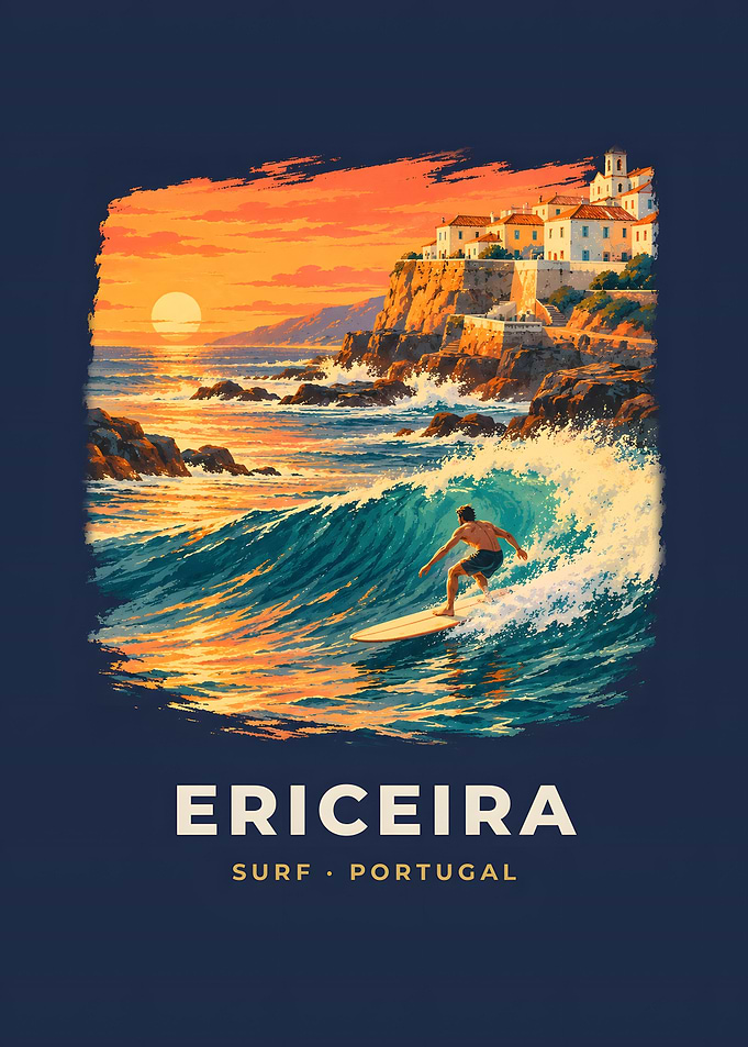 Ericeira Vintage Surf Poster Cliff Village Sunset