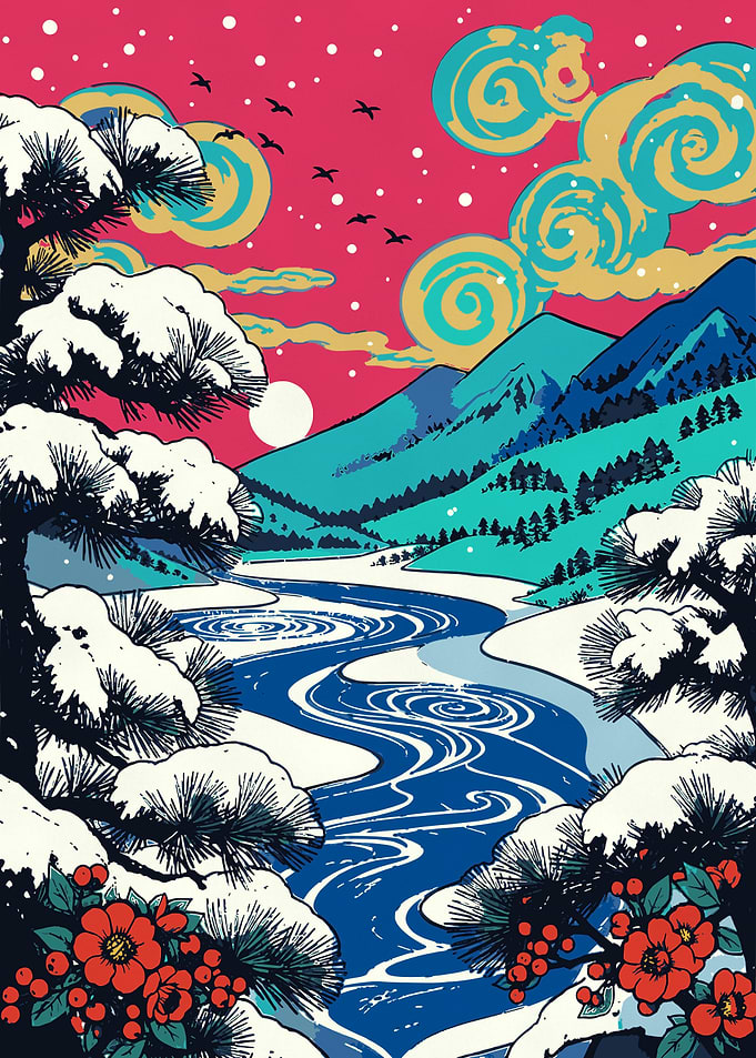 Snow Pines by the Winter River