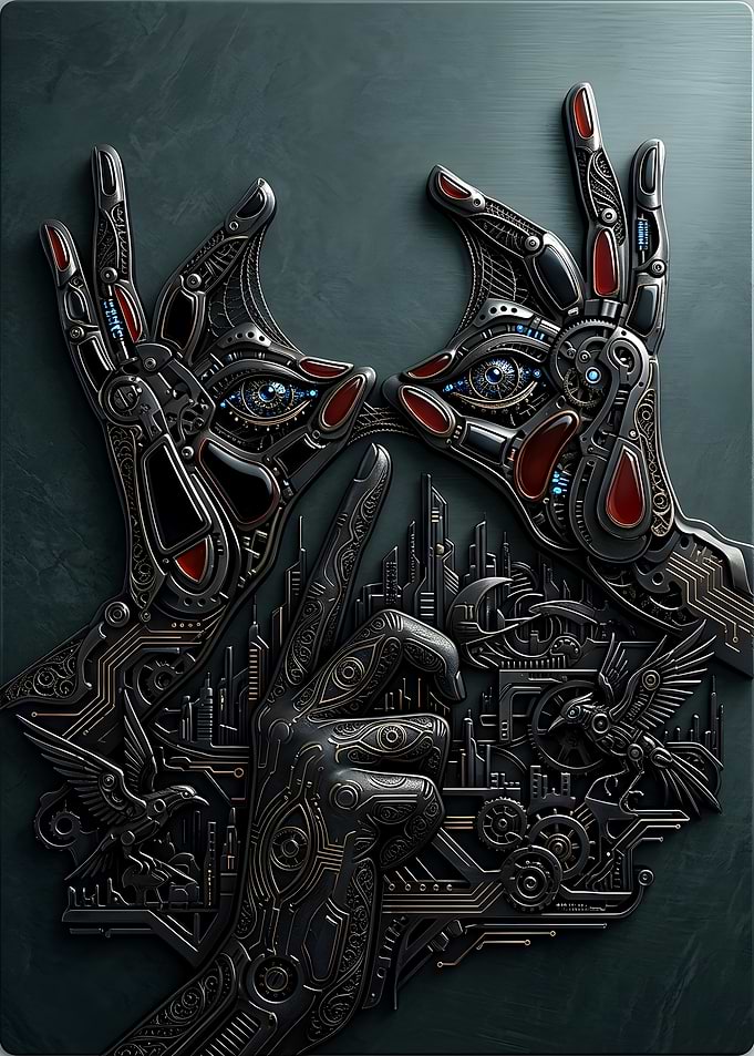 Cybernetic Hands and Mechanical Cityscape