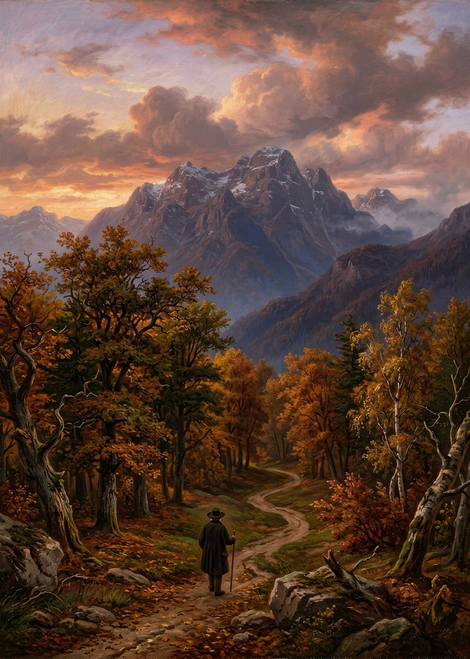 Man walking on autumn forest path