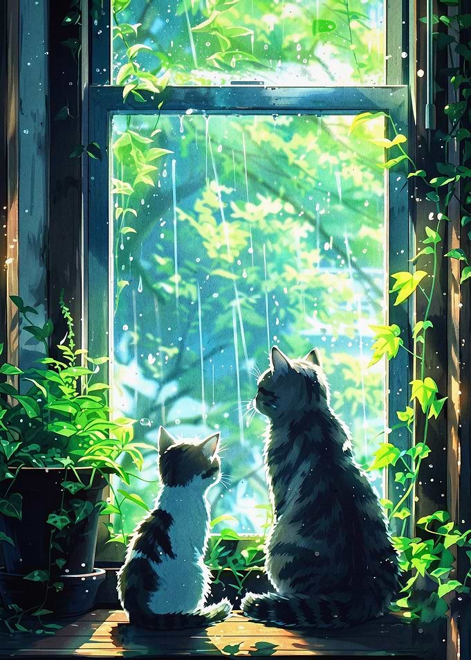 Cats Rain Window Anime Art Poster