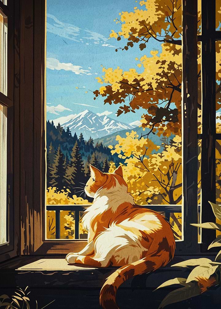 Autumn Mountain Cat Cozy Art Poster