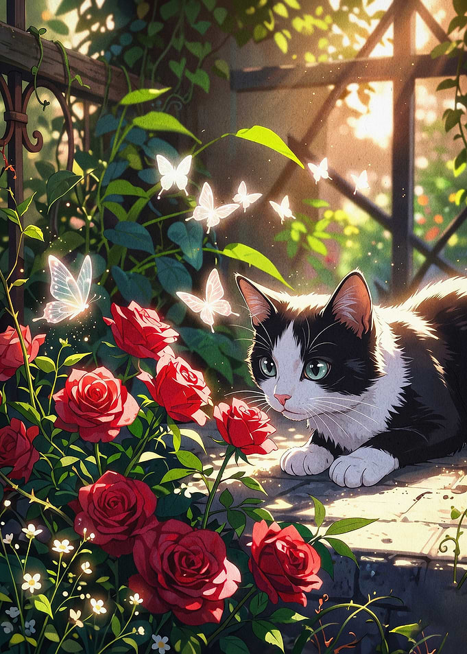 Cat Roses Butterfly Fantasy Art