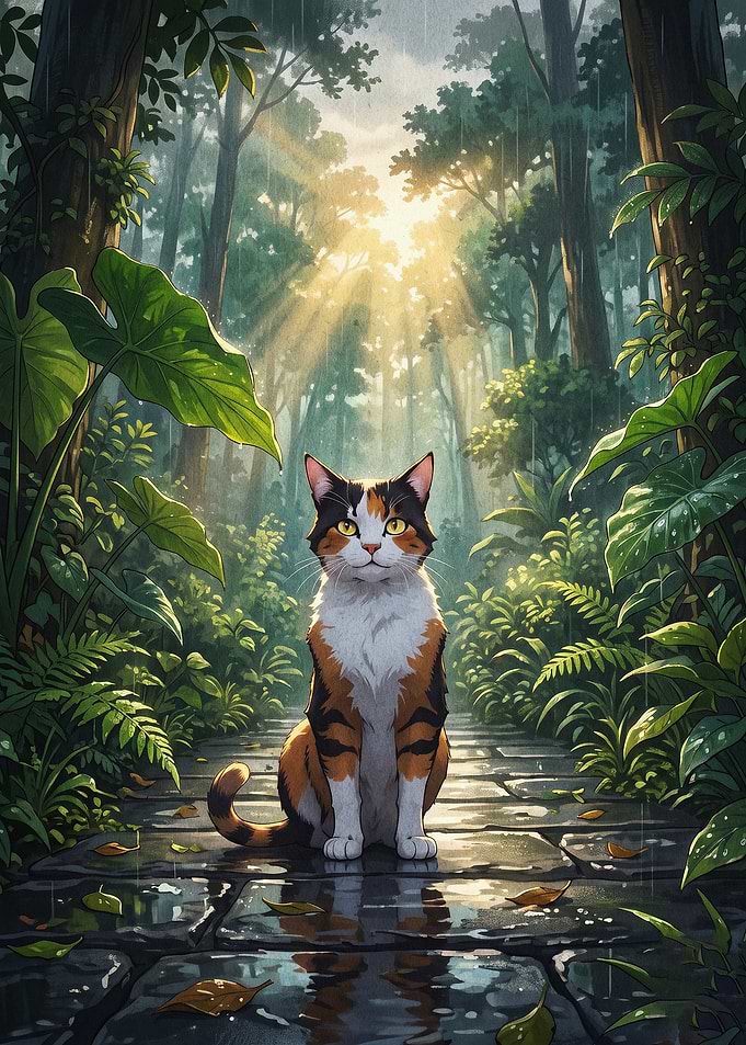 Calico Cat Rainforest Fantasy Art