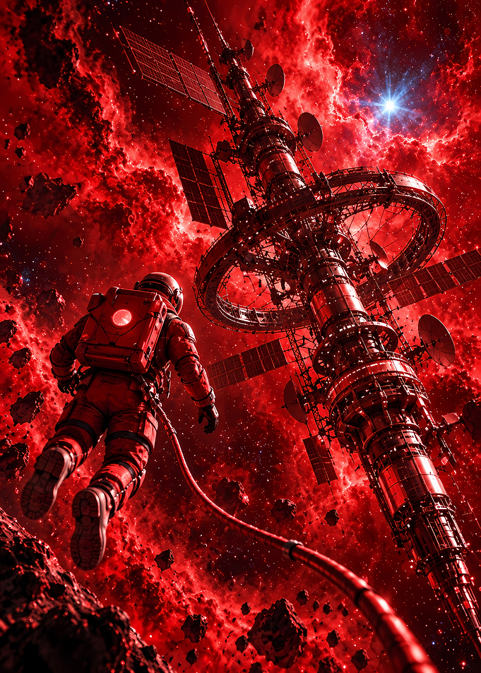 Astronaut Floating Near Red Space Station