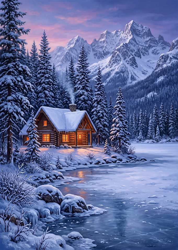 Cozy Winter Cabin by Frozen Lake
