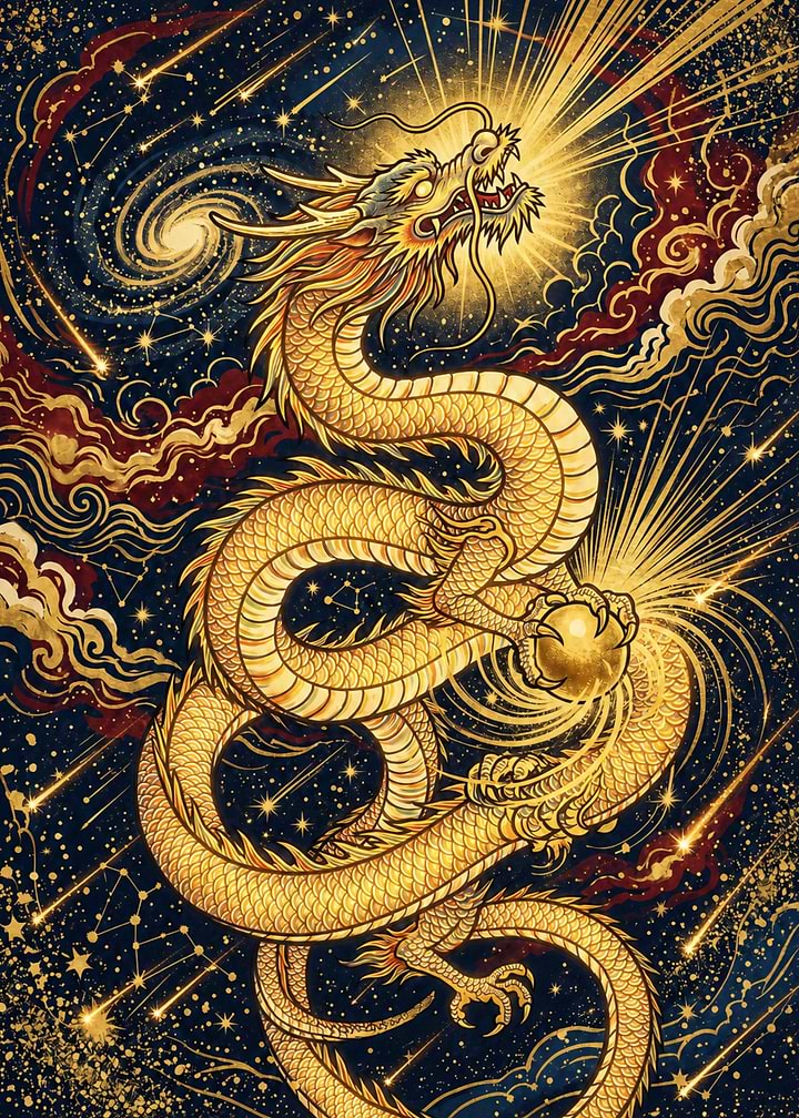 Golden Cosmic Dragon Ukiyo-e Poster: Feng Shui Wealth & Galaxy Art