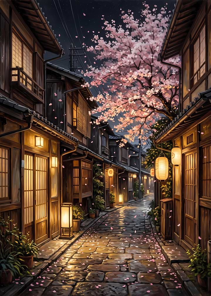 Nighttime Japanese Alley with Cherry Blossoms