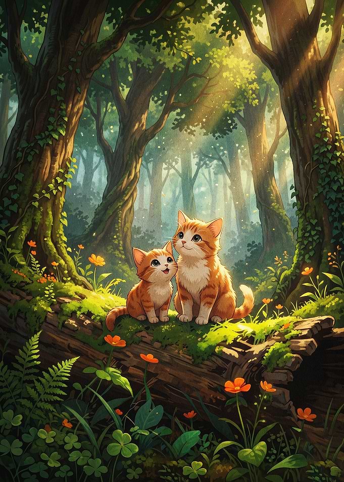 Cats Forest Sunlight Nature Art