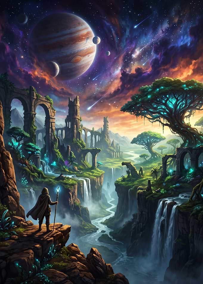 Fantasy Wizard Overlooking Ancient Ruins