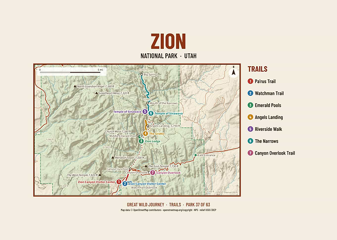 Zion National Park Hiking Trail Map