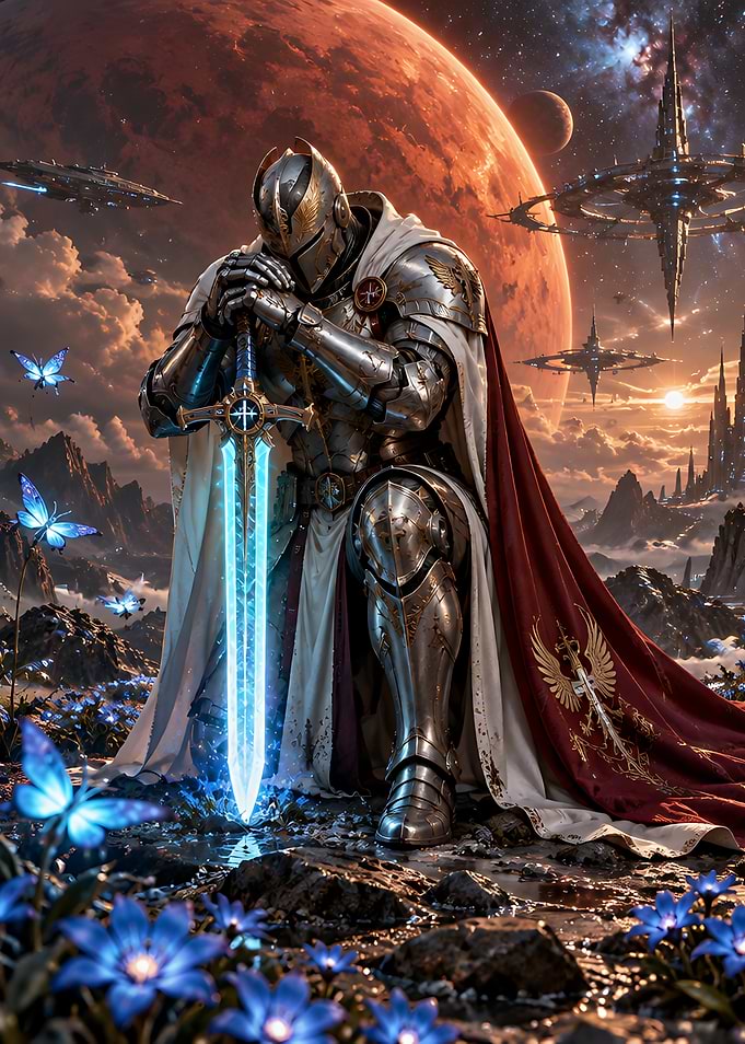 Knight Kneeling with Glowing Sword