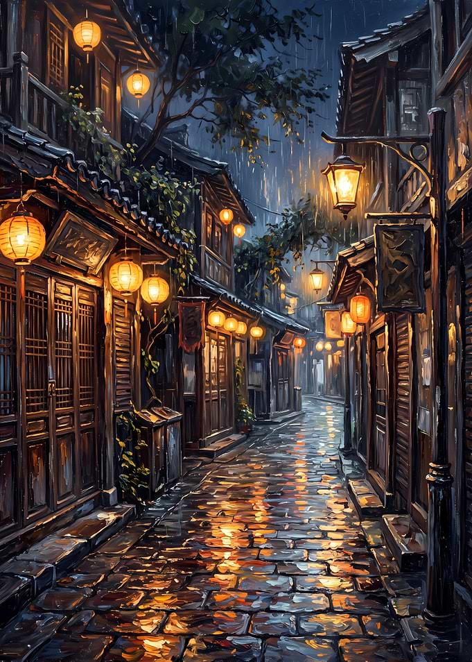 Rainy Night in Traditional Asian Alley