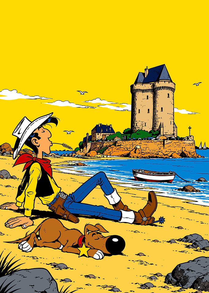 Lucky Luke and Rantanplan on Beach