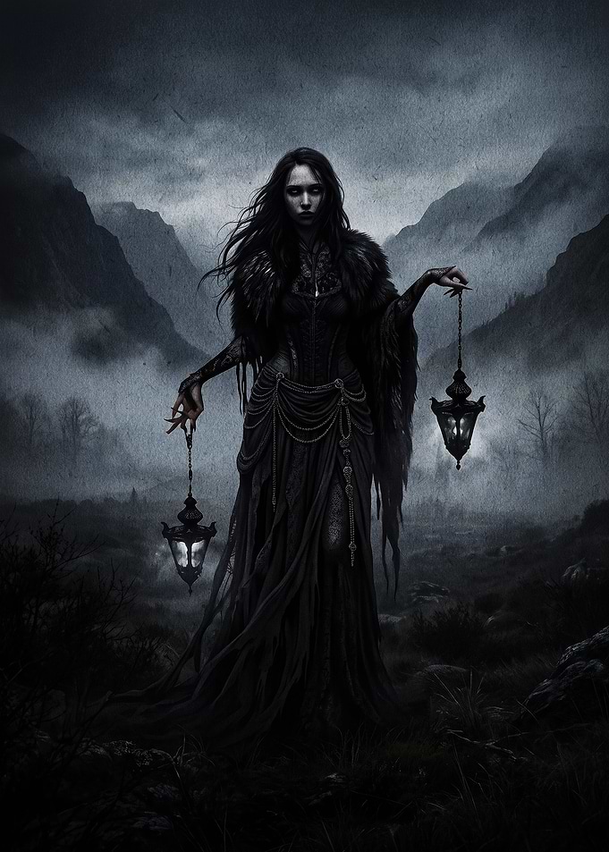 Gothic Sorceress with Glowing Lanterns