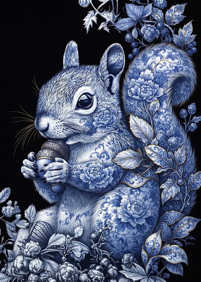 Porcelain Style Squirrel with Floral Patterns