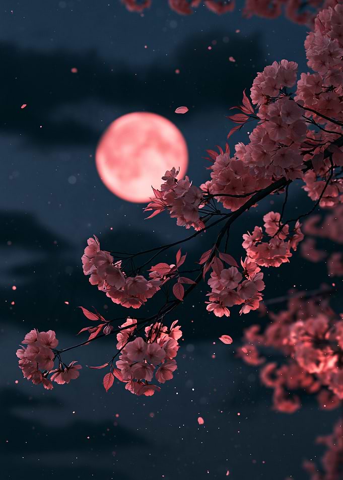 Cherry Blossoms Under Red Moon