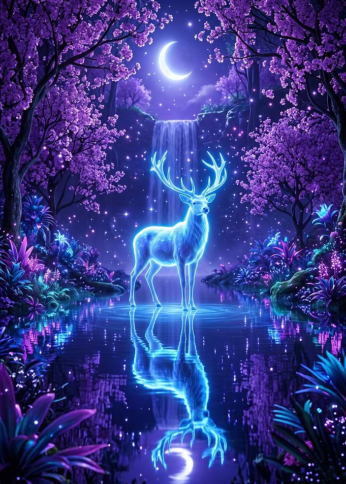 Glowing Spirit Deer in Enchanted Forest