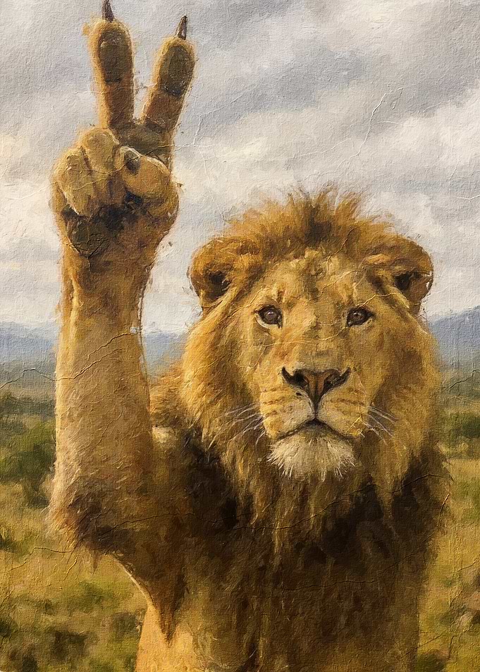 Lion Giving Peace Sign