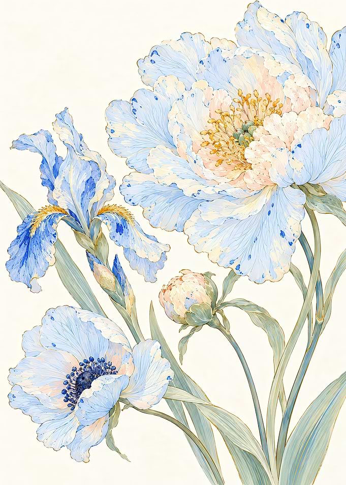 Elegant Blue and Cream Floral Illustration