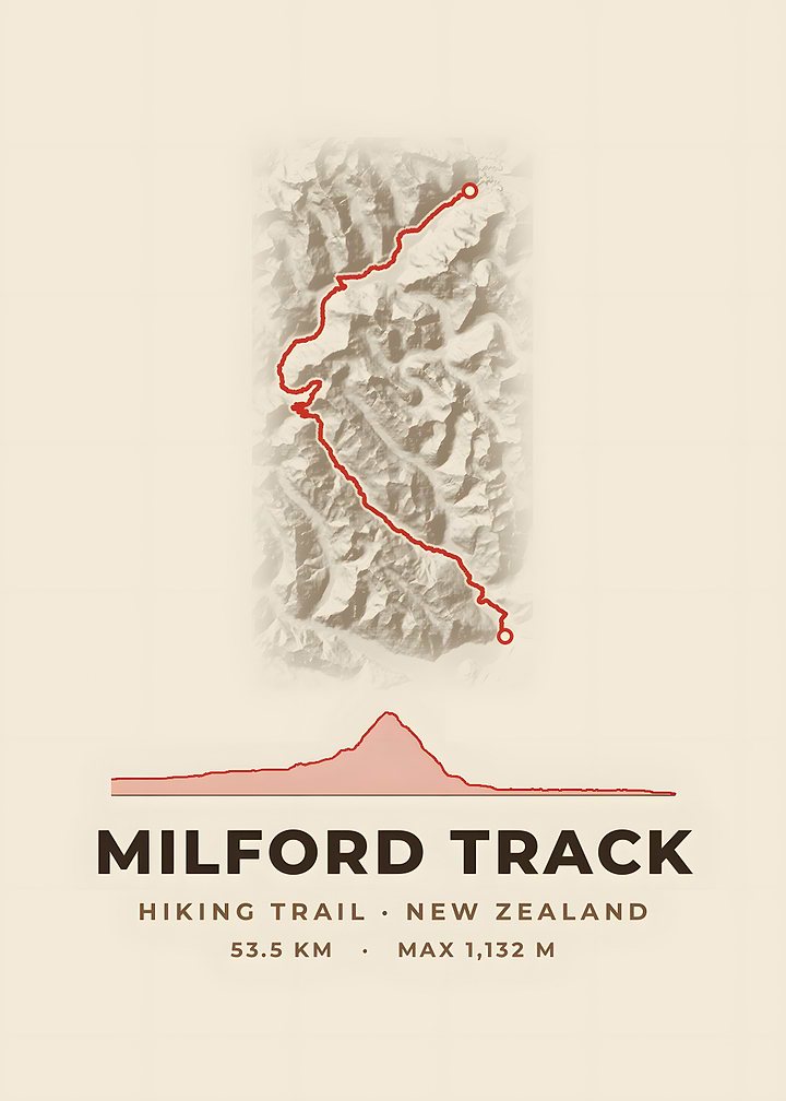 Milford Track Hiking Trail Map Vintage Topo Print