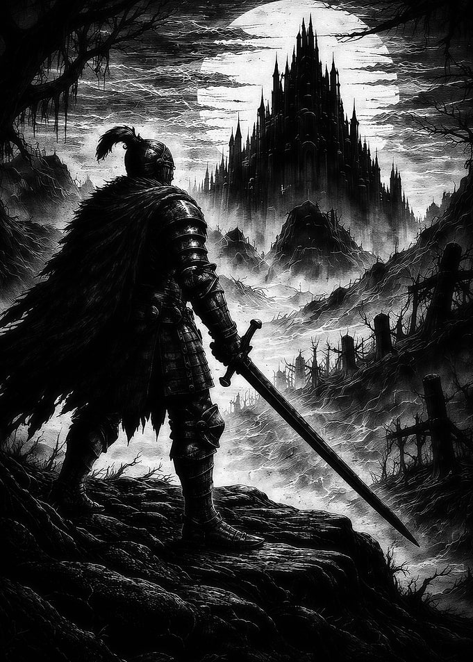 Armored Warrior Overlooking a Distant Fortress in Monochrome Dark Fantasy Illustration