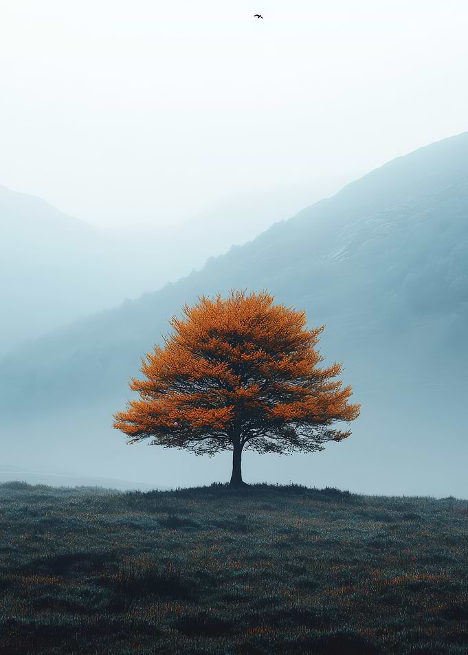 Lonely Autumn Tree in Fog