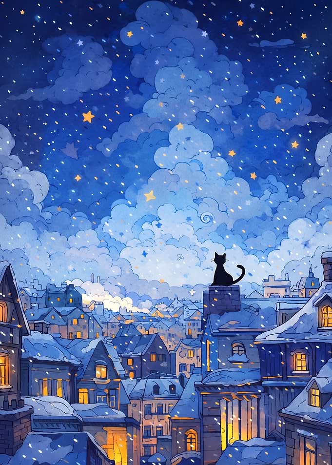 Cat Watching Snowy Night Sky