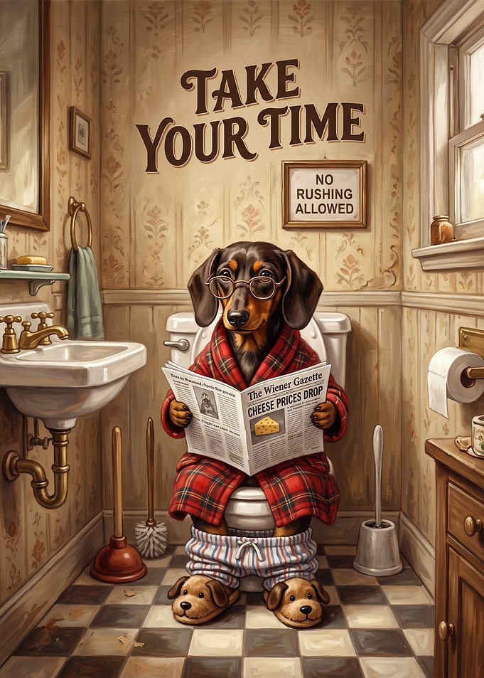 Dachshund Reading Newspaper on Toilet