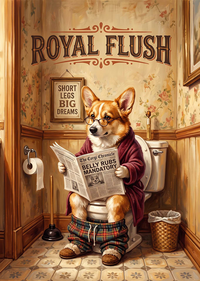 Corgi Reading Newspaper on Toilet