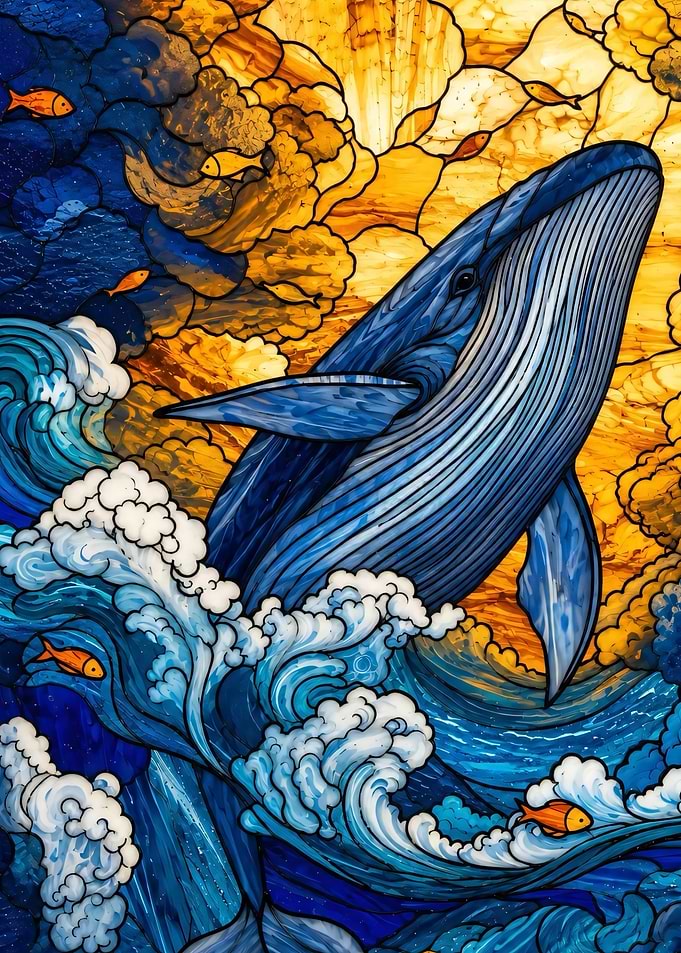 Stained Glass Blue Whale Art