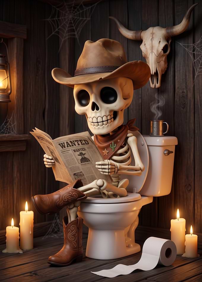 Cowboy Skeleton Reading Wanted Newspaper