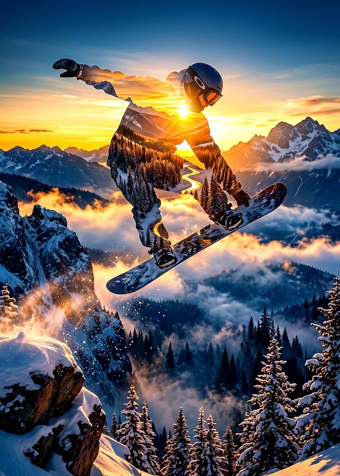 Double Exposure Snowboarder Sunset Jump