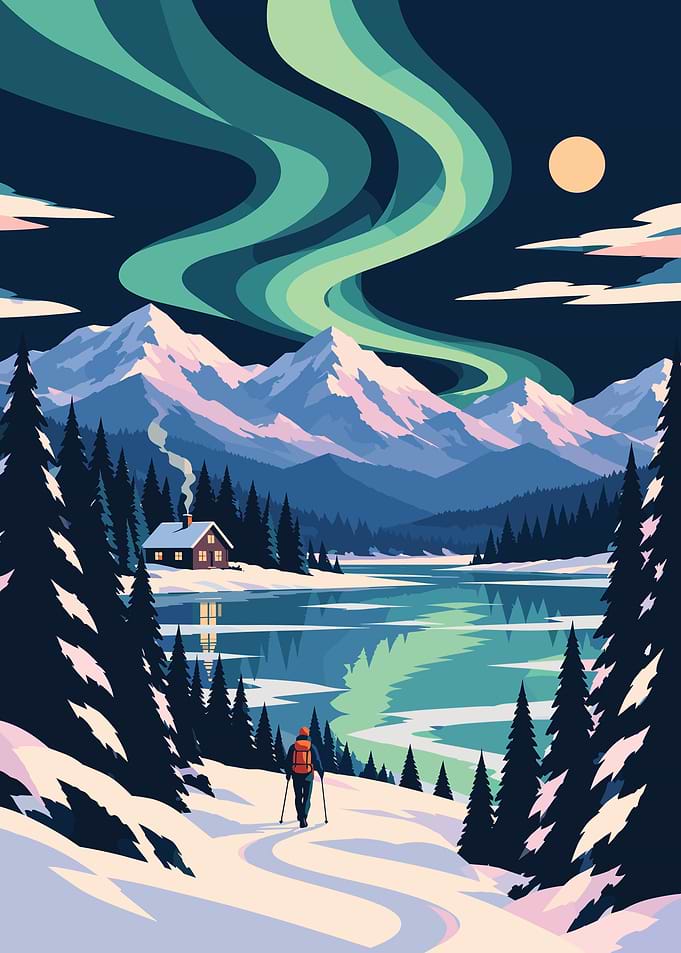 Winter Landscape with Northern Lights