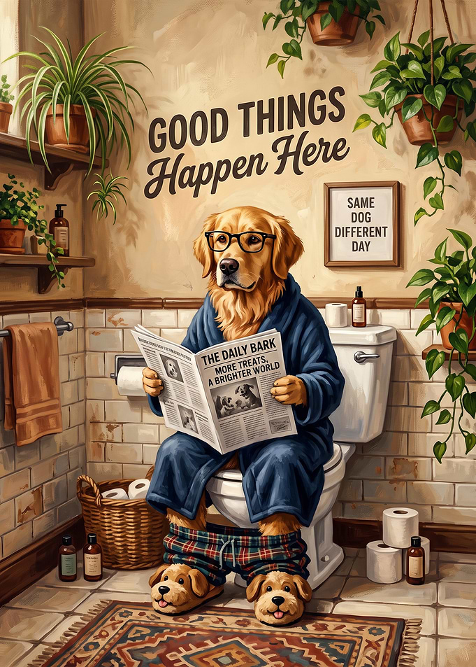Golden Retriever Reading Newspaper in Bathroom