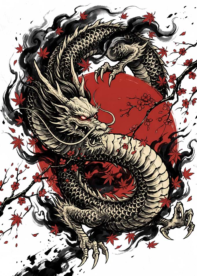 Traditional Japanese Dragon with Maple Leaves