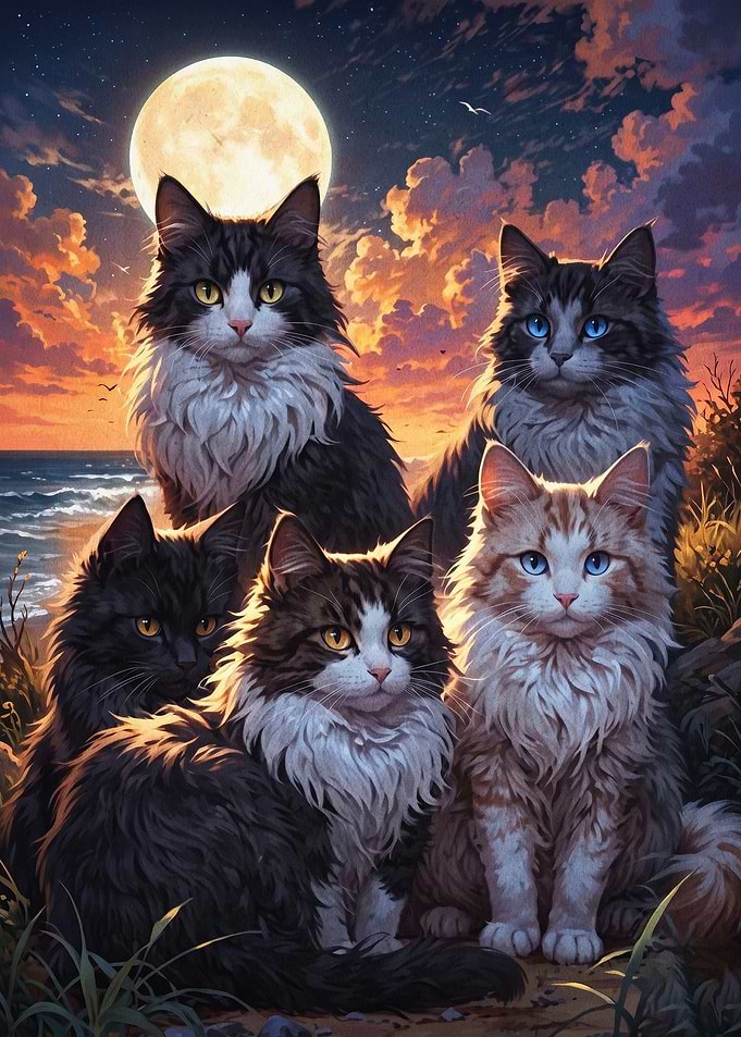 Cats Moon Beach Fantasy Art Poster