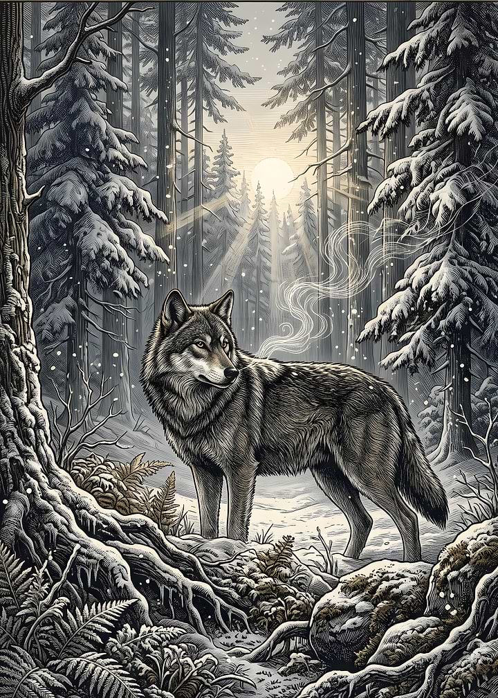 Where the Frost Remembers: Wolf in the Snowy Forest