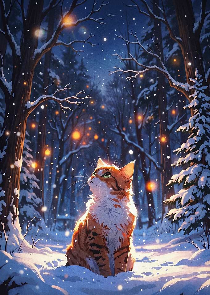 Winter Cat Forest Snow Art Poster