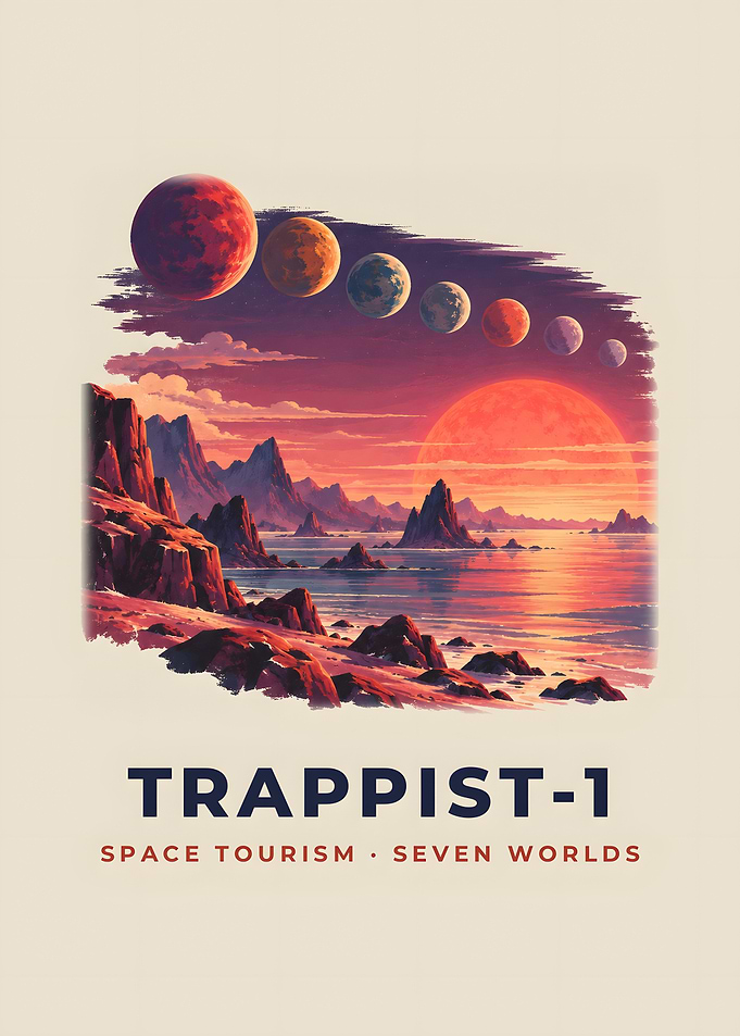 Trappist-1 Seven Worlds Vintage Space Tourism Poster