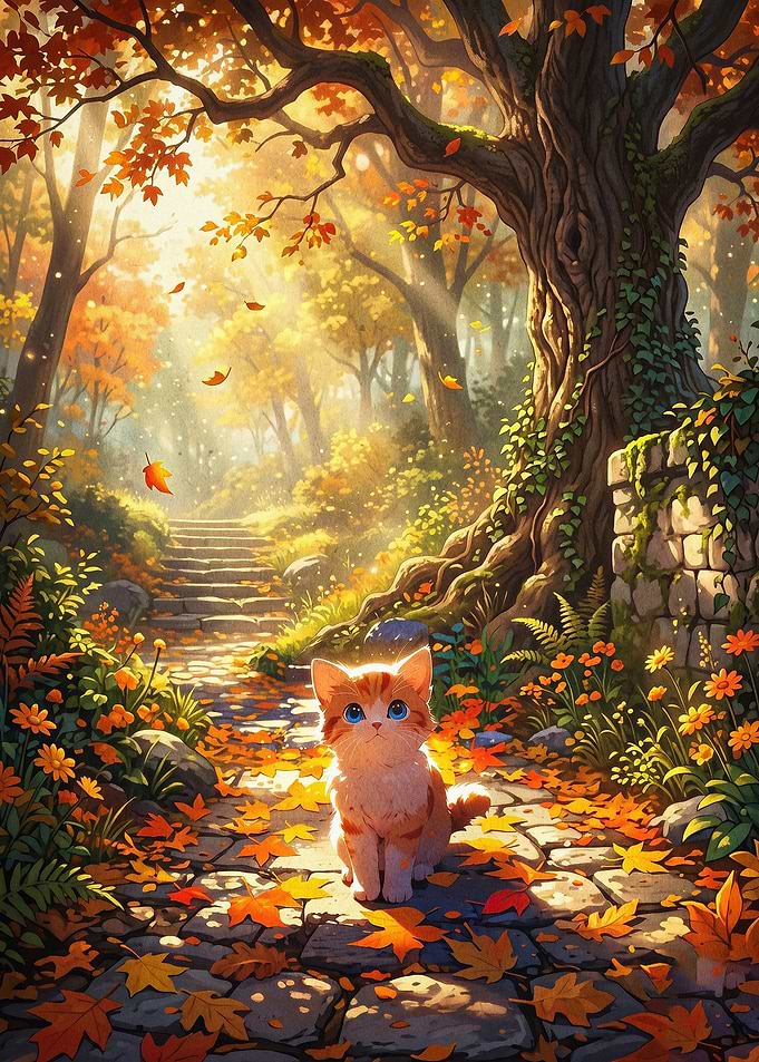 Autumn Cat Forest Fantasy Art