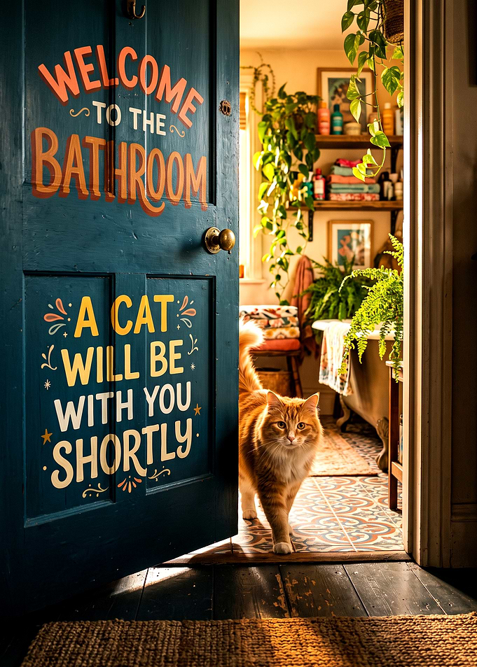 Funny Bathroom Door Sign with Cat