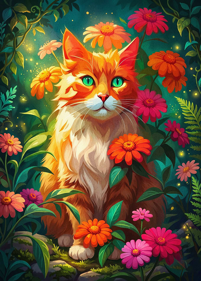 Ginger Cat Flowers Magical Art Post