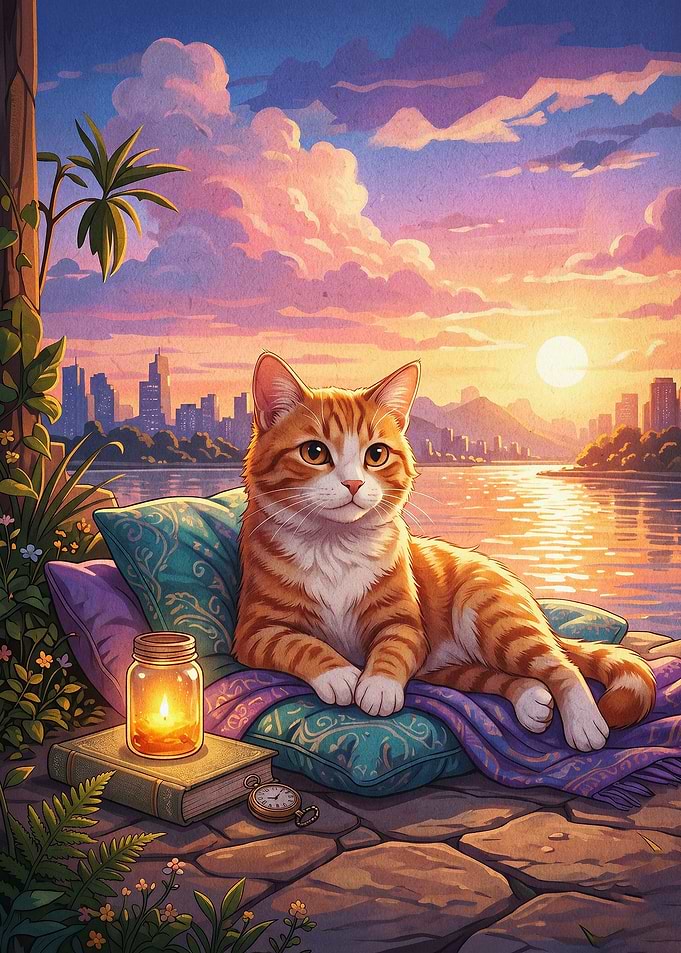 Cat Sunset Chill Aesthetic Art