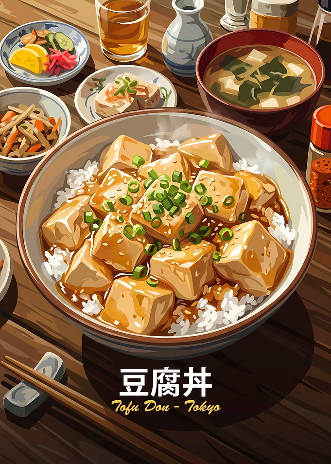Tofu Donburi Japanese Meal Illustration