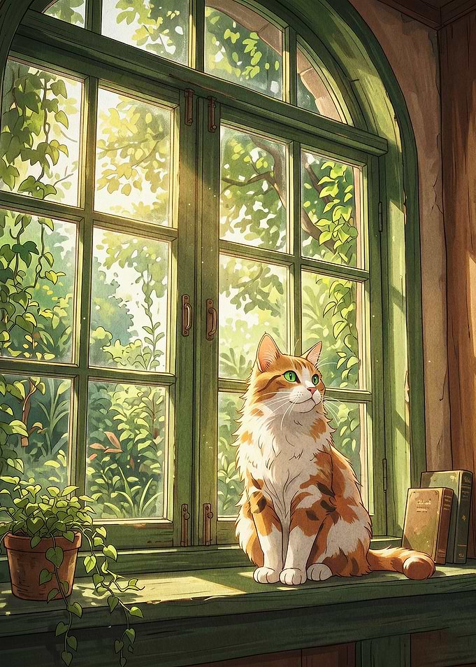 Cat Window Sill Anime Art Poster